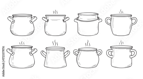 Collection of eight hand drawn cooking pots with steam illustrating culinary heat and food preparation silhouette