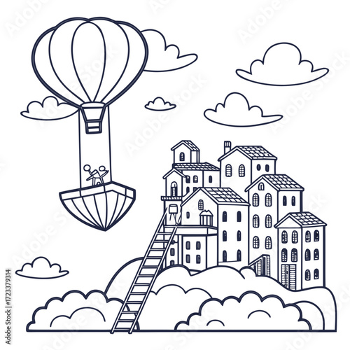 Whimsical hand drawn illustration of a hot air balloon with two figures in the basket floating above a charming village nestled on a hill with a ladder leading up to it and fluffy clouds in the sky
