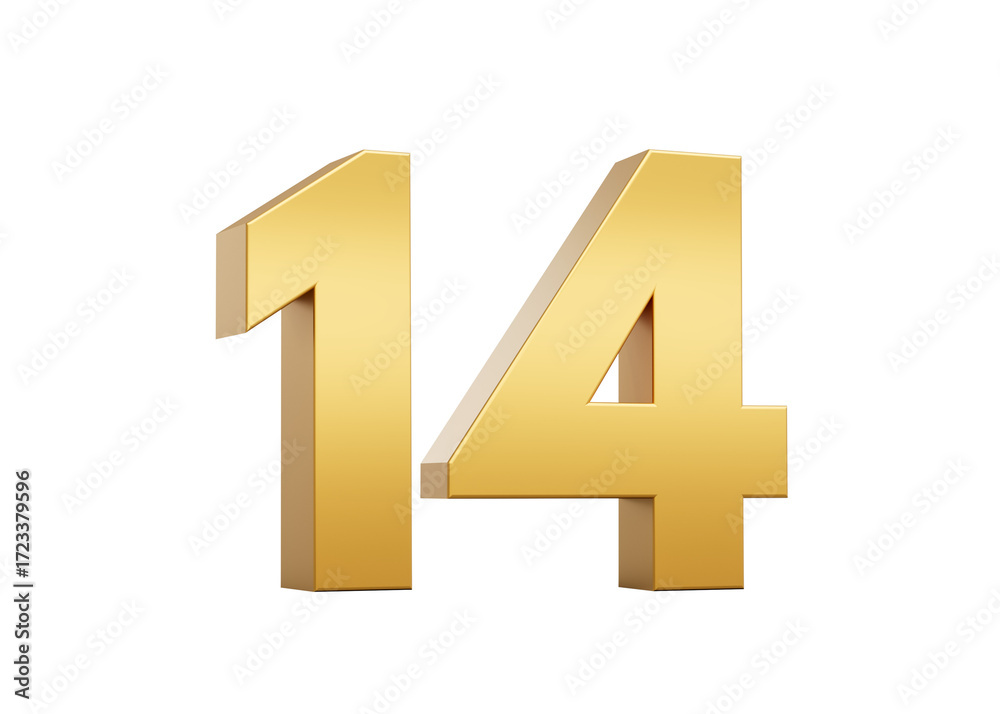 Obraz premium 3D Golden number 14 Fourteen with a shiny metallic finish and sharp edges, 3d illustration