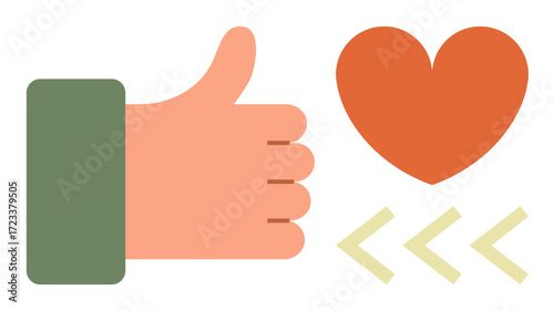 Hand giving thumbs up beside heart and arrows, symbolizing appreciation, agreement, and connection. Ideal for communication, support, social media, teamwork, love engagement human connection