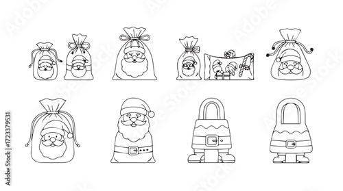 Collection of eight hand drawn santa claus gift bags outline styles for holiday season design silhouette