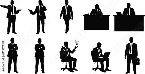 Businessman silhouettes, office worker clipart, corporate people vector, CEO illustration, entrepreneur graphics, manager poses, business icons, executive clipart set