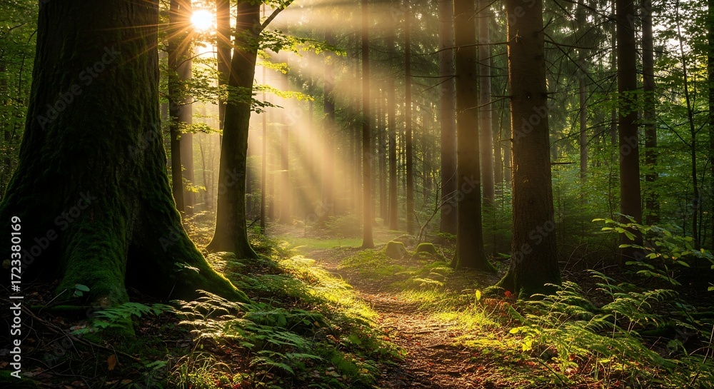 Fototapeta premium Realistic Forest with Gentle Sun Beams