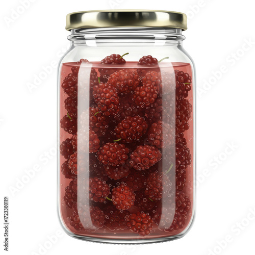 Glass jar filled with red mulberries preserved in light syrup and bubbles isolated on white background