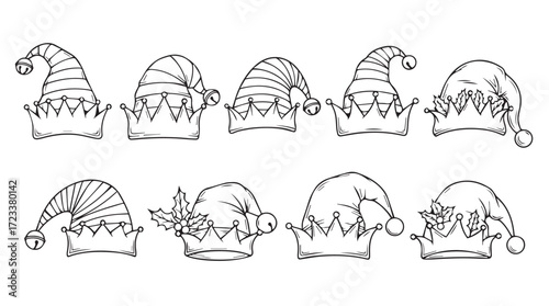 Set of hand drawn christmas elf hats with striped pattern and pom poms festive headwear collection silhouette