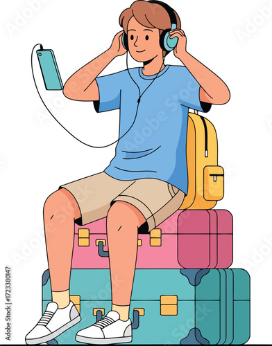 Young person listening to music with headphones and phone sitting on luggage vector