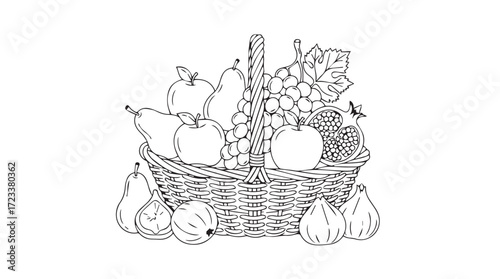Detailed line art basket filled with assorted fresh fruits and vegetables garden harvest silhouette