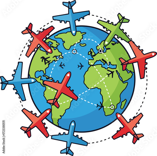 Colorful airplanes circumnavigating the blue green planet travel earth