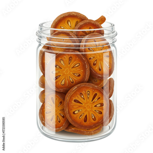 Dried bael fruit slices in a clear glass jar isolated on white background