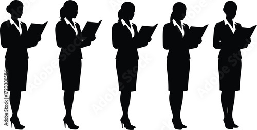 Businesswoman reading silhouette, office woman vector, female professional clipart, corporate lady illustration, worker graphic design, secretary symbol, employee shadow art