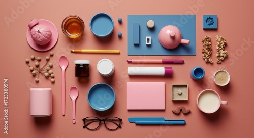 Colorful Arrangement of Stationery and Kitchenware on Pink Surface