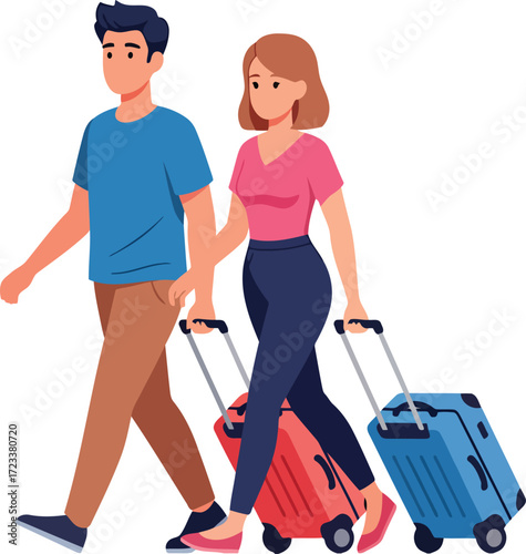 Couple walking with luggage travel vacation