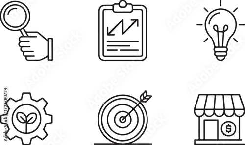 A modern collection of minimalist line art icons representing essential business concepts like strategic planning, market analysis, innovation, growth, goal setting, and commerce