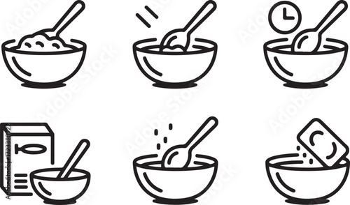 Modern Graphic Icon Set Illustrating the Step-by-Step Process of Preparing a Meal, from Adding Ingredients and Mixing to Cooking and Serving, Ideal for Recipes or Cooking Guides