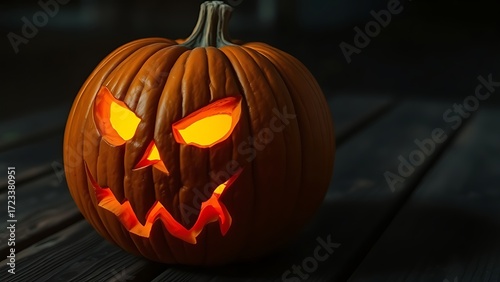 Carved Halloween pumpkin emitting an eerie orange glow, placed on weathered wooden planks for a spooky effect.
