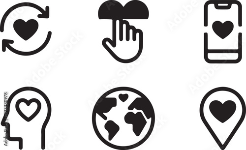 Heart and Globe Connectivity Minimalist Vector Icons