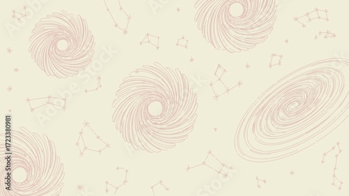 Artistic depiction of galaxies and constellations on a light beige background with subtle textures