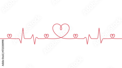 A pink heartbeat line with heart shapes on a white background medical concept illustration design art