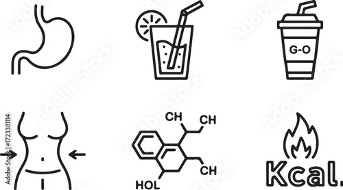Healthy Lifestyle Icon Set Stomach, Drink, Waist, Chemical Formula, Calories, in Minimalist Style