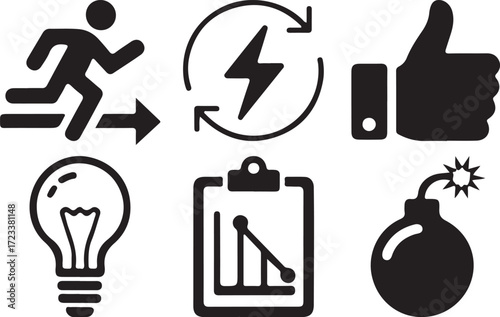 Fast-Paced Business Icons Speed, Energy, Success, Ideas, and Risk