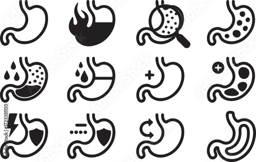 Stomach Health Icons Minimalist Line Art Illustrations