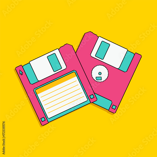 Pixel art colorful pink floppy diskettes shown from both sides on a yellow background. Retro digital storage media in pop art style, perfect for nostalgic technology, vintage inspired design projects.