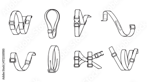 Collection of eight different hand-drawn line art icons depicting various fastening straps and buckles in a clean sketch style silhouette