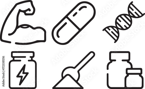 Minimalist vector icon set illustrating fitness supplements and bodybuilding. Clean line art of muscle, pills, DNA, and protein powder for health and wellness concepts