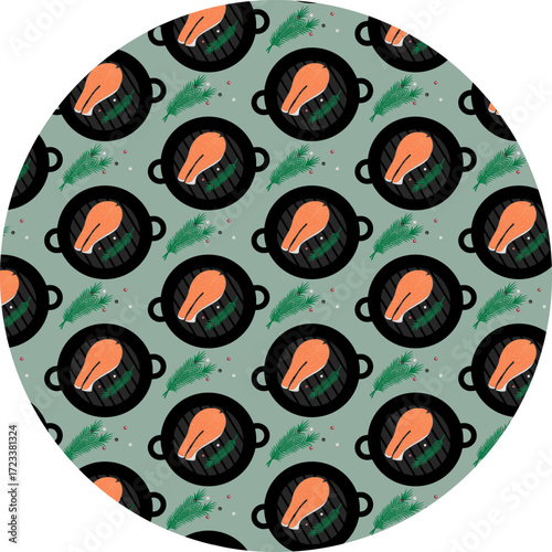 Grill Pan with Salmon Steak Rosemary Twig and Peppercorns Pattern on Round Background Healthy Eating