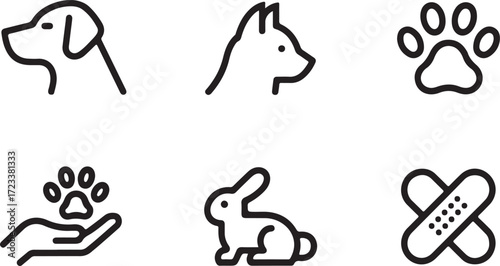 Set of minimalist line art icons representing animals and veterinary care, including a dog, rabbit, paw print, and bandages