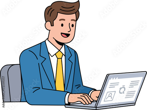 Man in blue suit and yellow tie typing on laptop vector