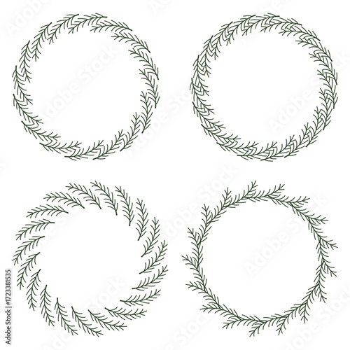 A set of wreaths, vector drawings of Christmas decorations. Christmas wreath, fir branches, plants, snowflakes. Illustration isolated on a white background.