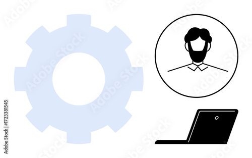 Gear icon, circular user avatar, and laptop suggest teamwork, user interface, technology, and efficiency. Ideal for business processes, communication, remote work software organization