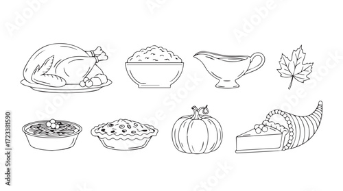 Hand drawn thanksgiving dinner collection roast turkey gravy mashed potatoes seasonal food elements silhouette