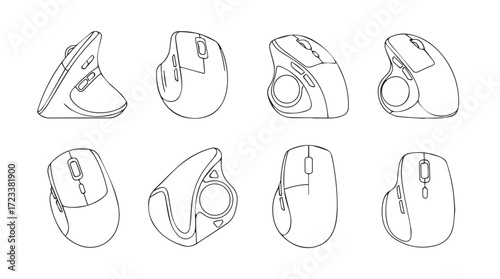 Ergonomic computer mouse designs various angles presented as simple line art graphics silhouette