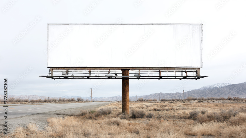 Obraz premium Empty billboard standing alone in a vast landscape with dry grass and distant mountains under a cloudy sky along a remote highway.