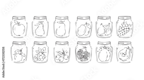 Hand drawn mason jars filled with various objects and ingredients for culinary and crafting projects silhouette