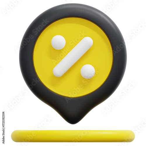 A 3D render of a black and yellow location pin icon with a white percentage sign inside, symbolizing discounts and sales promotions