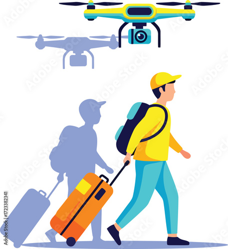 Man with backpack and luggage walking drone flying suitcase
