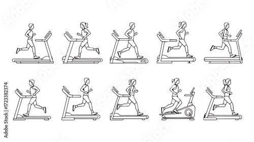 Diverse set of people exercising on treadmills in dynamic poses line art silhouette