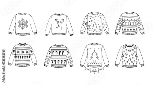 Collection of eight line art christmas sweaters with festive patterns and designs silhouette