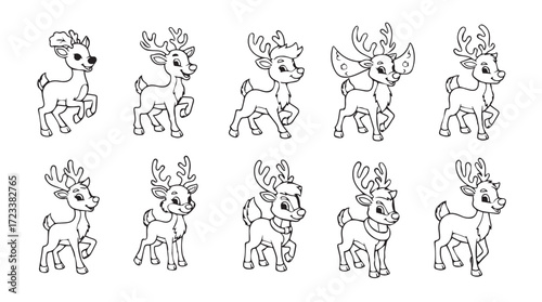 Cute cartoon deer characters set different poses expressing various emotions and actions silhouette