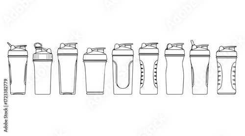 Collection of various sport shaker bottles for protein shakes and drinks clean outline design silhouette