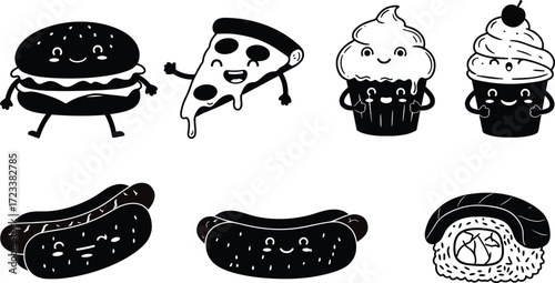 Cute food clipart, burger, pizza, hotdog, sushi, cupcake, kawaii food, funny snack, adorable dessert, vector cartoon, character illustration