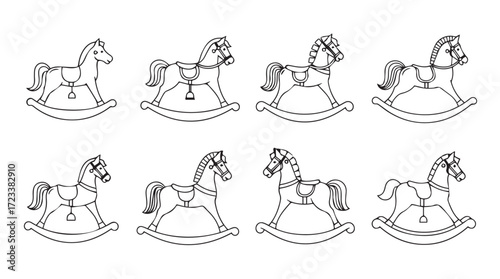 Collection of eight hand-drawn rocking horse outlines on a light background perfect for coloring pages silhouette