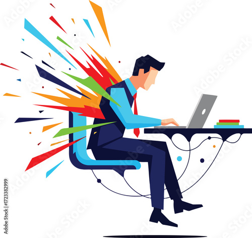 Man working on laptop with colorful explosion desk books