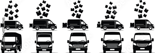 Delivery van silhouette set, cargo truck illustration, courier transport vector, shipping service graphic, logistics vehicle design, parcel delivery collection