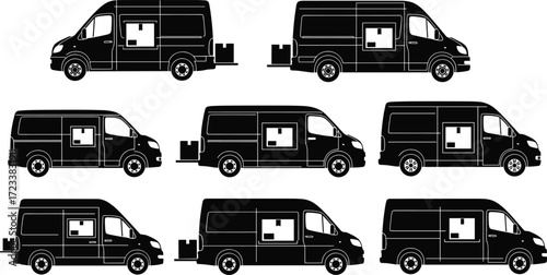 Delivery van silhouette, cargo van, courier truck, parcel transport, shipping vehicle, logistics van, express delivery, cargo transport, vector illustration