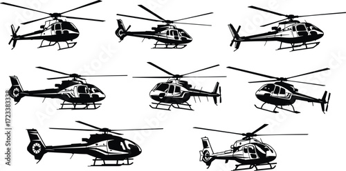 Helicopter icons, aviation transport, air travel, rescue helicopter, police chopper, military helicopter, flight vehicle, helicopter silhouette, emergency airlift, aircraft