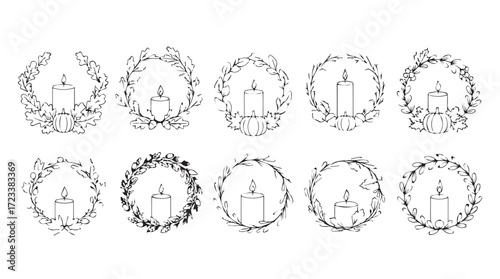 Set of 10 hand-drawn christmas wreaths with candles and festive typography elements silhouette